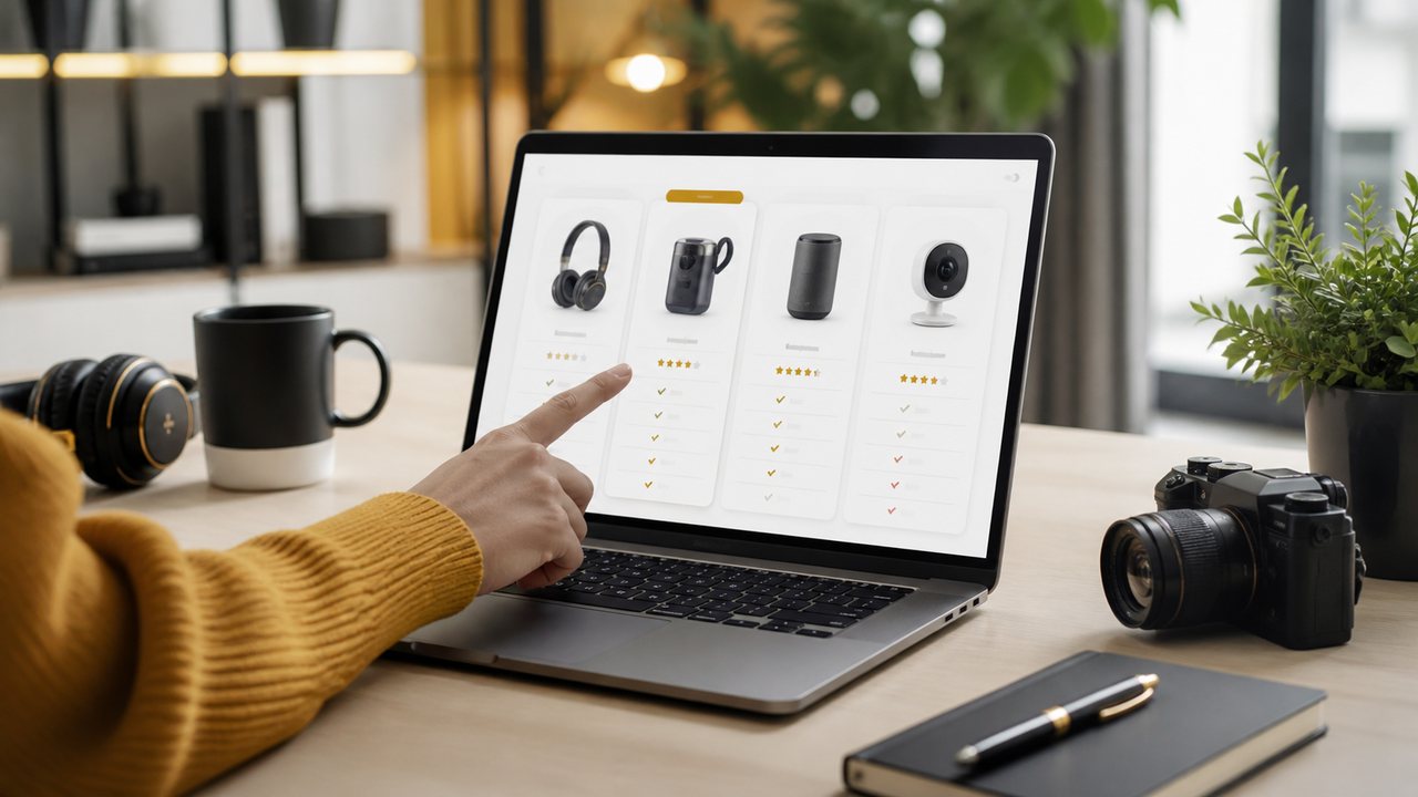 Comparando productos y opiniones en la pantalla de un portátil